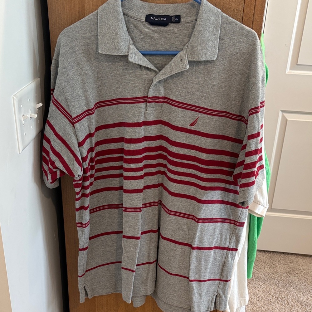 Nautica Men's Polo Shirt in Gray with Red Stripes
